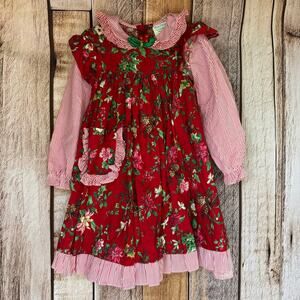 Rare Editions Dress Vintage Girls Christmas Red Floral Striped Cotton Made USA 6